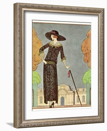 Two-Piece Barrel-Line Dress by Beer with Button Front Deep Cuffs En Bouffants Vandyked Collar-Georges Barbier-Framed Photographic Print