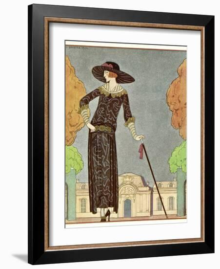 Two-Piece Barrel-Line Dress by Beer with Button Front Deep Cuffs En Bouffants Vandyked Collar-Georges Barbier-Framed Photographic Print