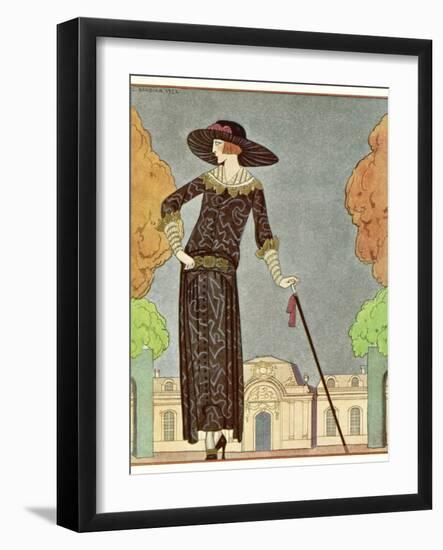 Two-Piece Barrel-Line Dress by Beer with Button Front Deep Cuffs En Bouffants Vandyked Collar-Georges Barbier-Framed Photographic Print