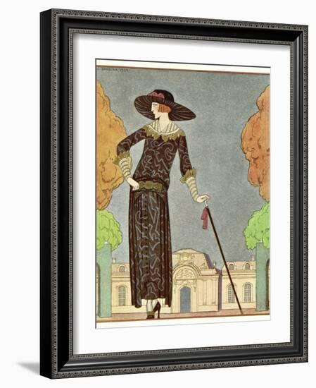 Two-Piece Barrel-Line Dress by Beer with Button Front Deep Cuffs En Bouffants Vandyked Collar-Georges Barbier-Framed Photographic Print