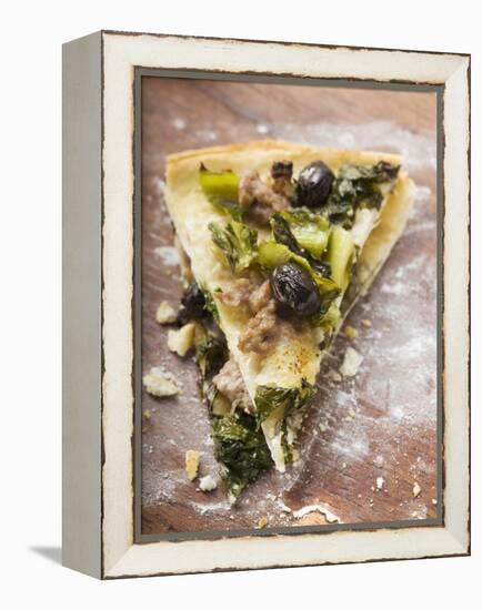 Two Pieces of Pizza with Mince, Olives, Spinach and Cheese-null-Framed Premier Image Canvas