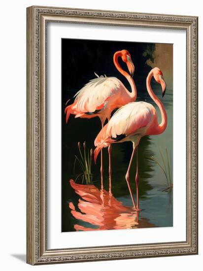 Two Pink Flamingos on the lake-Vivienne Dupont-Framed Art Print