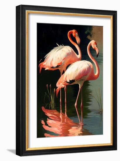 Two Pink Flamingos on the lake-Vivienne Dupont-Framed Art Print