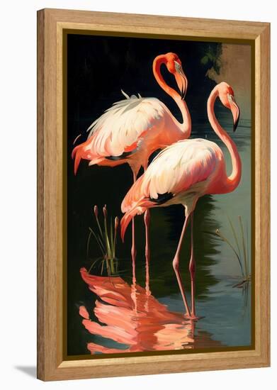 Two Pink Flamingos on the lake-Vivienne Dupont-Framed Stretched Canvas