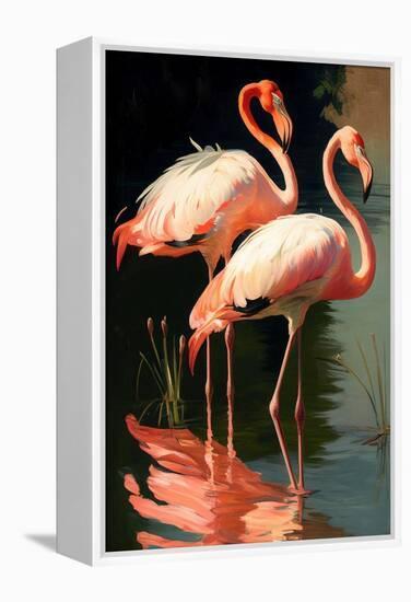 Two Pink Flamingos on the lake-Vivienne Dupont-Framed Stretched Canvas