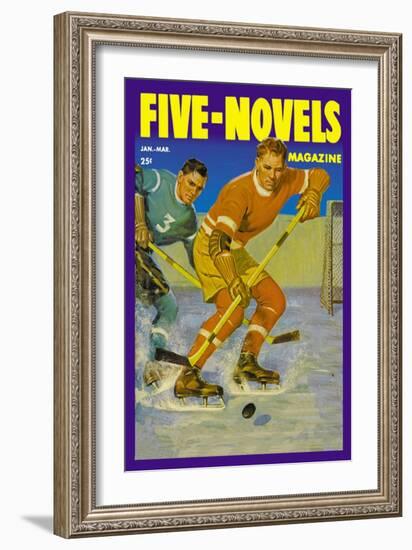 Two Players Skating Towards the Bouncing Puck-null-Framed Art Print