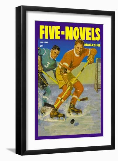 Two Players Skating Towards the Bouncing Puck-null-Framed Art Print