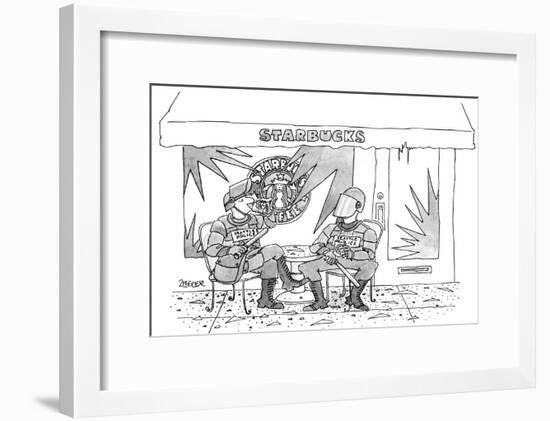 Two police in full riot gear stop at a trashed Starbucks in the wake of th… - New Yorker Cartoon-Jack Ziegler-Framed Premium Giclee Print