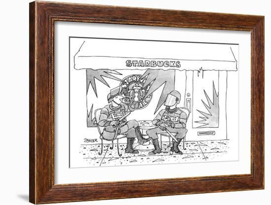 Two police in full riot gear stop at a trashed Starbucks in the wake of th… - New Yorker Cartoon-Jack Ziegler-Framed Premium Giclee Print