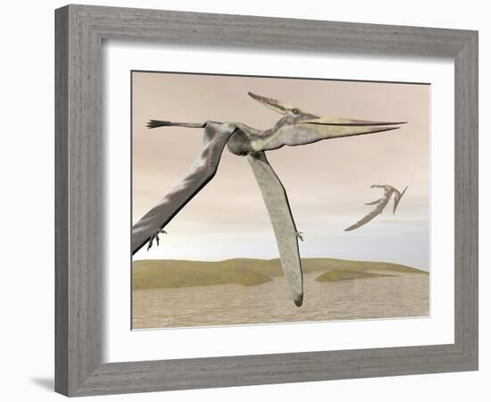 Two Pteranodons Flying over Small Islands-null-Framed Art Print