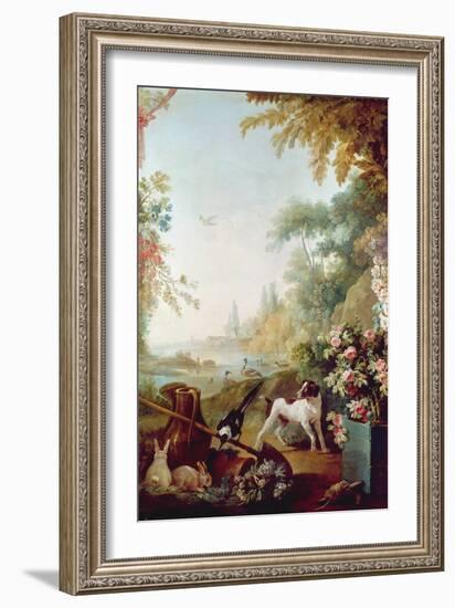 Two Rabbits, a Magpie and a Dog, from the Salon of Gilles Demarteau (1722-76) (Oil on Canvas)-Jean-Baptiste Huet-Framed Giclee Print