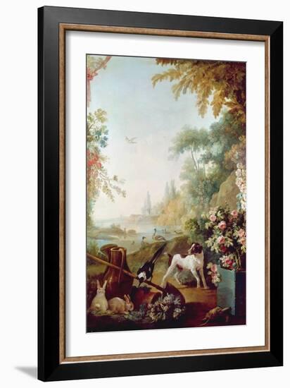 Two Rabbits, a Magpie and a Dog, from the Salon of Gilles Demarteau (1722-76) (Oil on Canvas)-Jean-Baptiste Huet-Framed Giclee Print