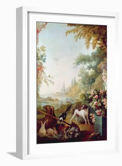 Two Rabbits, a Magpie and a Dog, from the Salon of Gilles Demarteau (1722-76) (Oil on Canvas)-Jean-Baptiste Huet-Framed Giclee Print