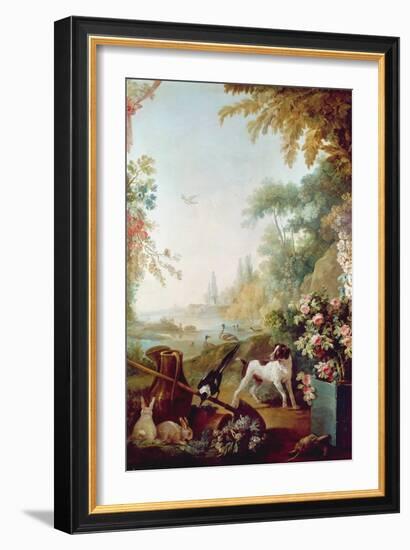 Two Rabbits, a Magpie and a Dog, from the Salon of Gilles Demarteau (1722-76) (Oil on Canvas)-Jean-Baptiste Huet-Framed Giclee Print