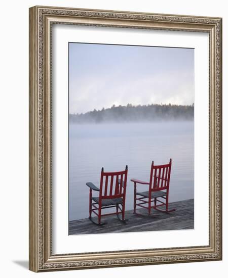 Two Red Rockers on Dock at Sunrise, Lake Mooselookmegontic, Maine-Nance Trueworthy-Framed Photographic Print