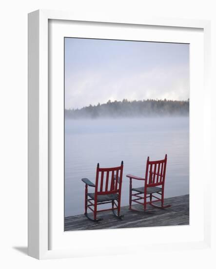 Two Red Rockers on Dock at Sunrise, Lake Mooselookmegontic, Maine-Nance Trueworthy-Framed Photographic Print