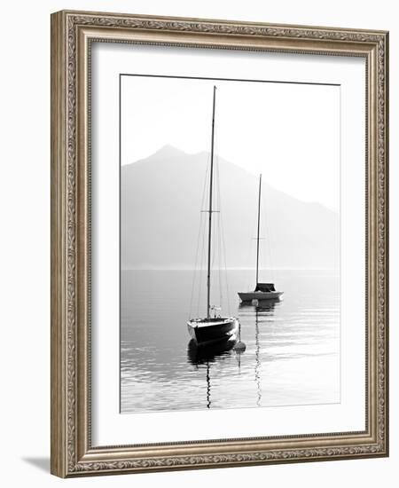 Two Sail Boats in Early Morning on the Mountain Lake. Black and White Photography. Salzkammergut, A-Kletr-Framed Photographic Print