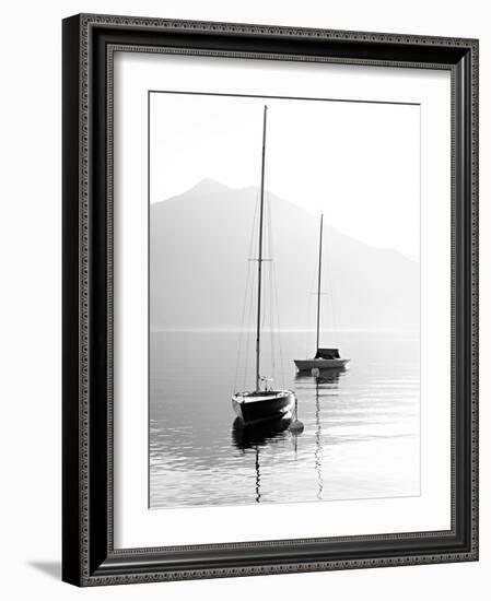 Two Sail Boats in Early Morning on the Mountain Lake. Black and White Photography. Salzkammergut, A-Kletr-Framed Photographic Print