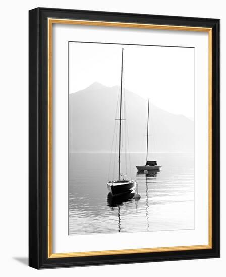 Two Sail Boats in Early Morning on the Mountain Lake. Black and White Photography. Salzkammergut, A-Kletr-Framed Photographic Print