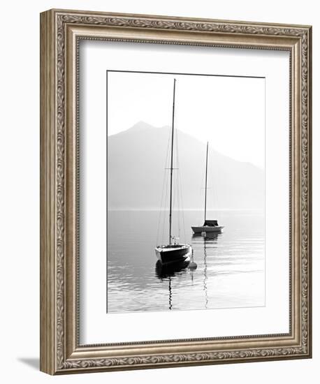 Two Sail Boats in Early Morning on the Mountain Lake. Black and White Photography. Salzkammergut, A-Kletr-Framed Photographic Print