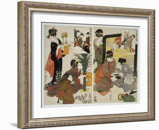 Two Scenes from the Series 'Loyal League' Depicting Everyday Life of an Edo Period Household-Kitagawa Utamaro-Framed Giclee Print