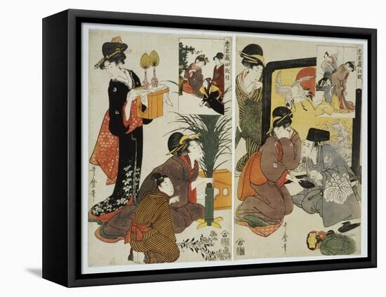 Two Scenes from the Series 'Loyal League' Depicting Everyday Life of an Edo Period Household-Kitagawa Utamaro-Framed Premier Image Canvas