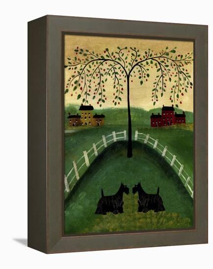 Two Scottie Dogs Under A Willow Tree-Cheryl Bartley-Framed Premier Image Canvas