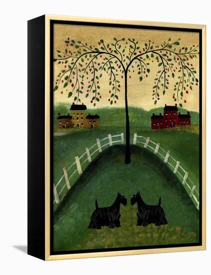 Two Scottie Dogs Under A Willow Tree-Cheryl Bartley-Framed Premier Image Canvas