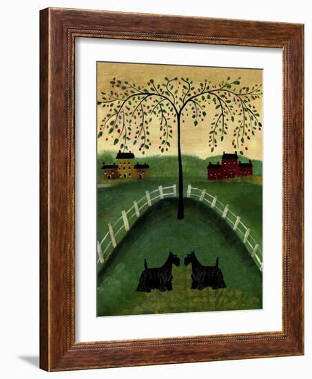 Two Scottie Dogs Under A Willow Tree-Cheryl Bartley-Framed Premium Giclee Print