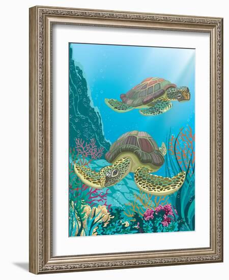 Two Sea Turtles Swimming Underwater-Milovelen-Framed Art Print