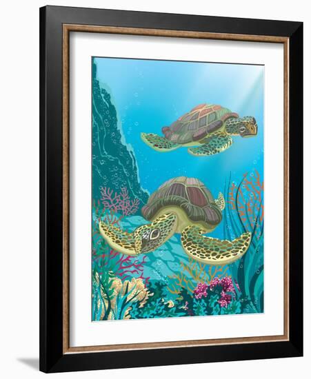 Two Sea Turtles Swimming Underwater-Milovelen-Framed Art Print