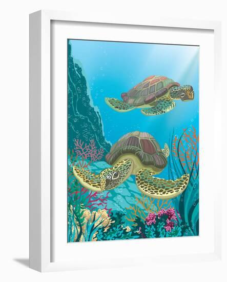 Two Sea Turtles Swimming Underwater-Milovelen-Framed Art Print