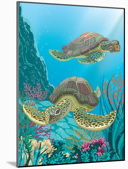 Two Sea Turtles Swimming Underwater-Milovelen-Mounted Art Print
