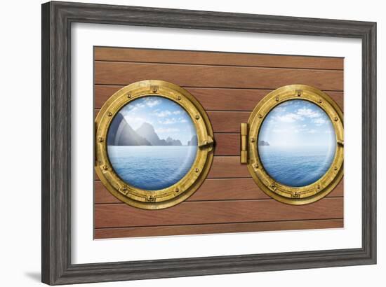 Two Ship Windows or Portholes with Sea or Ocean with Tropical Island. Travel and Adventure Concept.-Andrey_Kuzmin-Framed Photographic Print