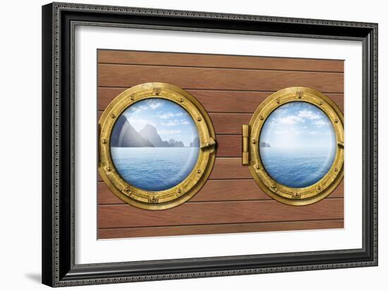 Two Ship Windows or Portholes with Sea or Ocean with Tropical Island. Travel and Adventure Concept.-Andrey_Kuzmin-Framed Photographic Print