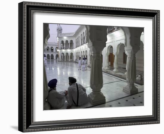 Two Sikhs Priests at Dawn Sitting Under Arcades, Golden Temple, Amritsar, Punjab State, India-Eitan Simanor-Framed Photographic Print