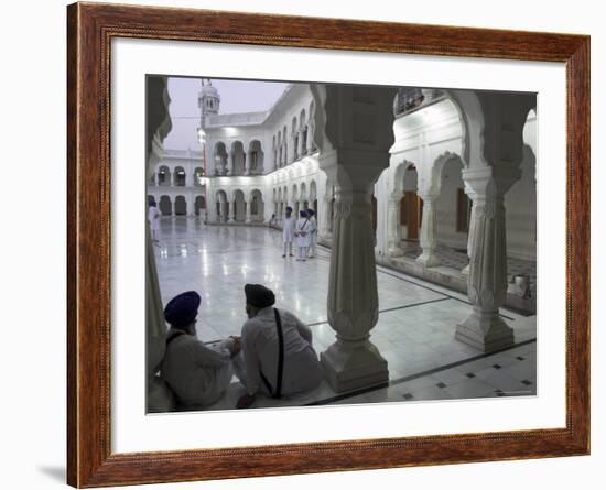 Two Sikhs Priests at Dawn Sitting Under Arcades, Golden Temple, Amritsar, Punjab State, India-Eitan Simanor-Framed Photographic Print