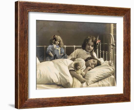 Two Sisters Prepare for Bed - and of Course their Dolls Come to Bed with Them-null-Framed Photographic Print