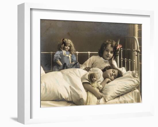 Two Sisters Prepare for Bed - and of Course their Dolls Come to Bed with Them-null-Framed Photographic Print