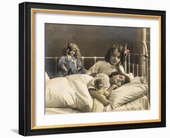 Two Sisters Prepare for Bed - and of Course their Dolls Come to Bed with Them-null-Framed Photographic Print