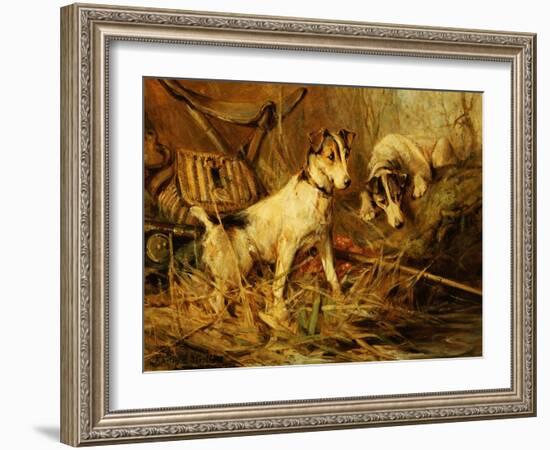 Two Smooth-Haired Fox Terriers by a Fishing Rod and a Creel on a Riverbank-Philip Eustace Stretton-Framed Giclee Print