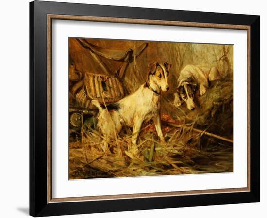 Two Smooth-Haired Fox Terriers by a Fishing Rod and a Creel on a Riverbank-Philip Eustace Stretton-Framed Giclee Print