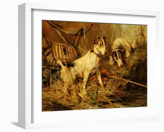 Two Smooth-Haired Fox Terriers by a Fishing Rod and a Creel on a Riverbank-Philip Eustace Stretton-Framed Giclee Print