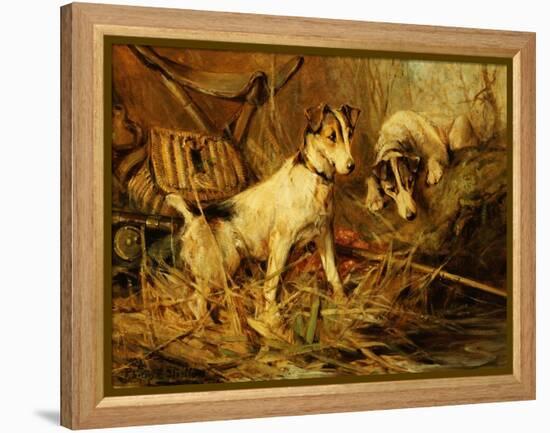 Two Smooth-Haired Fox Terriers by a Fishing Rod and a Creel on a Riverbank-Philip Eustace Stretton-Framed Premier Image Canvas