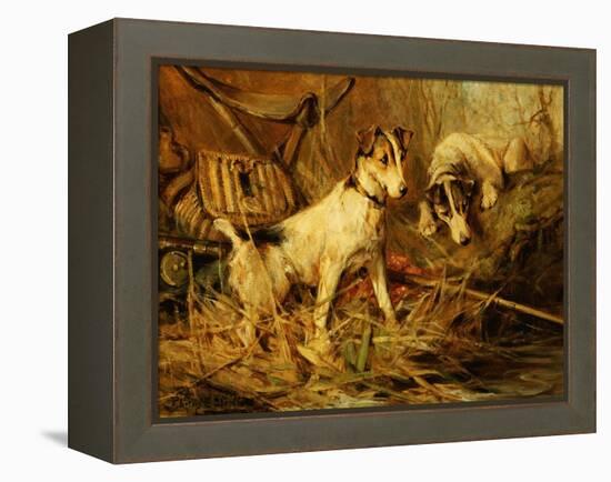 Two Smooth-Haired Fox Terriers by a Fishing Rod and a Creel on a Riverbank-Philip Eustace Stretton-Framed Premier Image Canvas