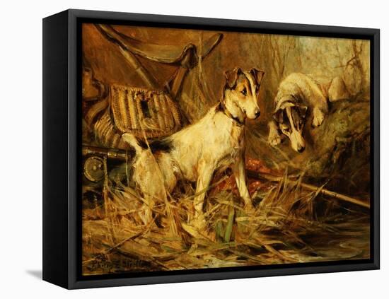 Two Smooth-Haired Fox Terriers by a Fishing Rod and a Creel on a Riverbank-Philip Eustace Stretton-Framed Premier Image Canvas