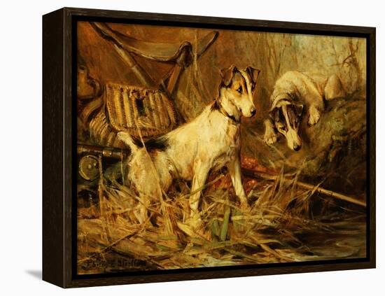 Two Smooth-Haired Fox Terriers by a Fishing Rod and a Creel on a Riverbank-Philip Eustace Stretton-Framed Premier Image Canvas