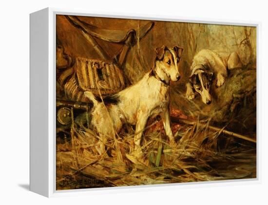 Two Smooth-Haired Fox Terriers by a Fishing Rod and a Creel on a Riverbank-Philip Eustace Stretton-Framed Premier Image Canvas