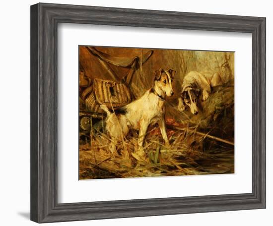 Two Smooth-Haired Fox Terriers by a Fishing Rod and a Creel on a Riverbank-Philip Eustace Stretton-Framed Giclee Print