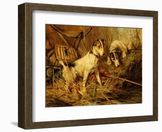 Two Smooth-Haired Fox Terriers by a Fishing Rod and a Creel on a Riverbank-Philip Eustace Stretton-Framed Giclee Print